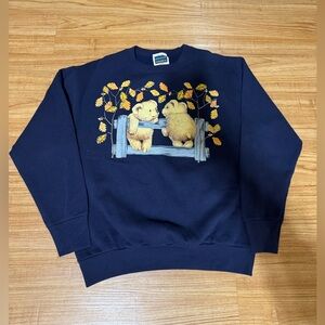 90s VINTAGE Decotex NAVY BLUE  Crewneck Sweatshirt Fall Teddy Bear Size L